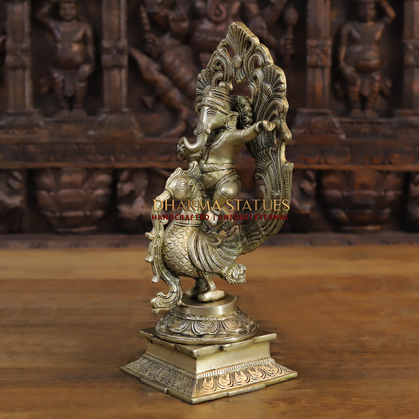 Brass Ganesh Dancing on Peacock, Fine Golden Finish 14"