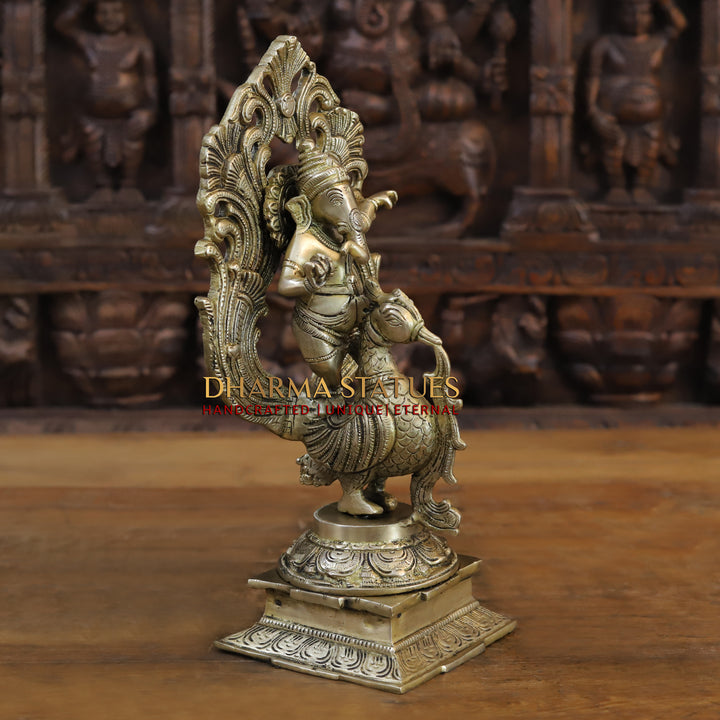 Brass Ganesh Dancing on Peacock, Fine Golden Finish 14"