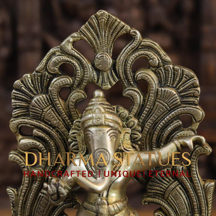 Brass Ganesh Dancing on Peacock, Fine Golden Finish 14"