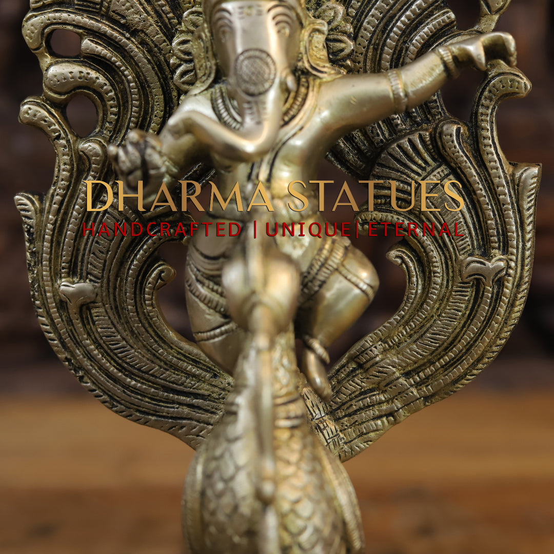 Brass Ganesh Dancing on Peacock, Fine Golden Finish 14"