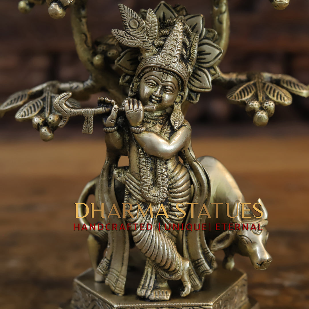 Brass Krishna Idol, Standing Under a Tree, Fine Golden Finish 10"