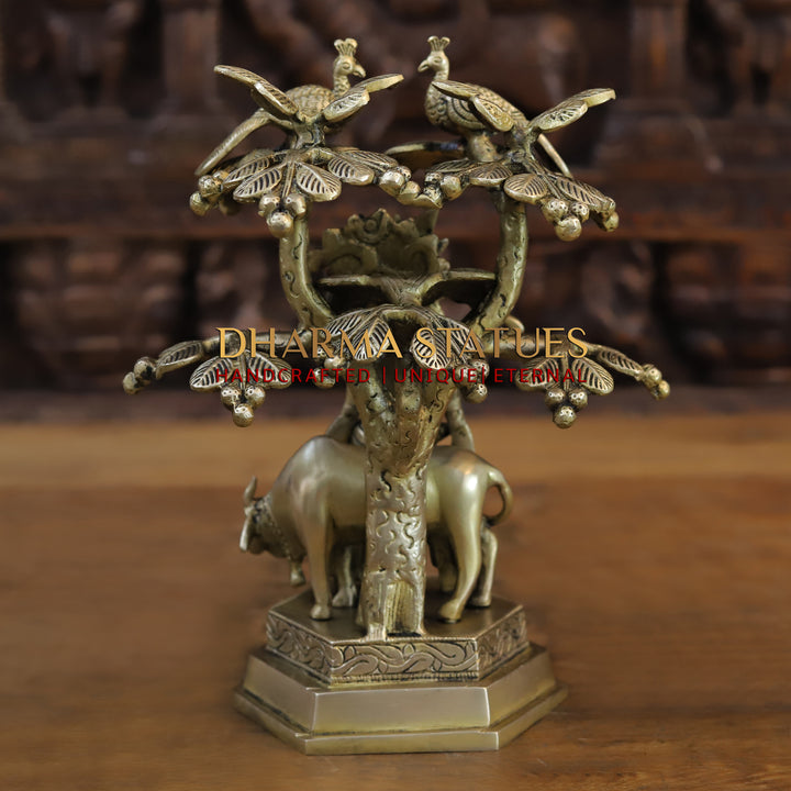 Brass Krishna Idol, Standing Under a Tree, Fine Golden Finish 10"