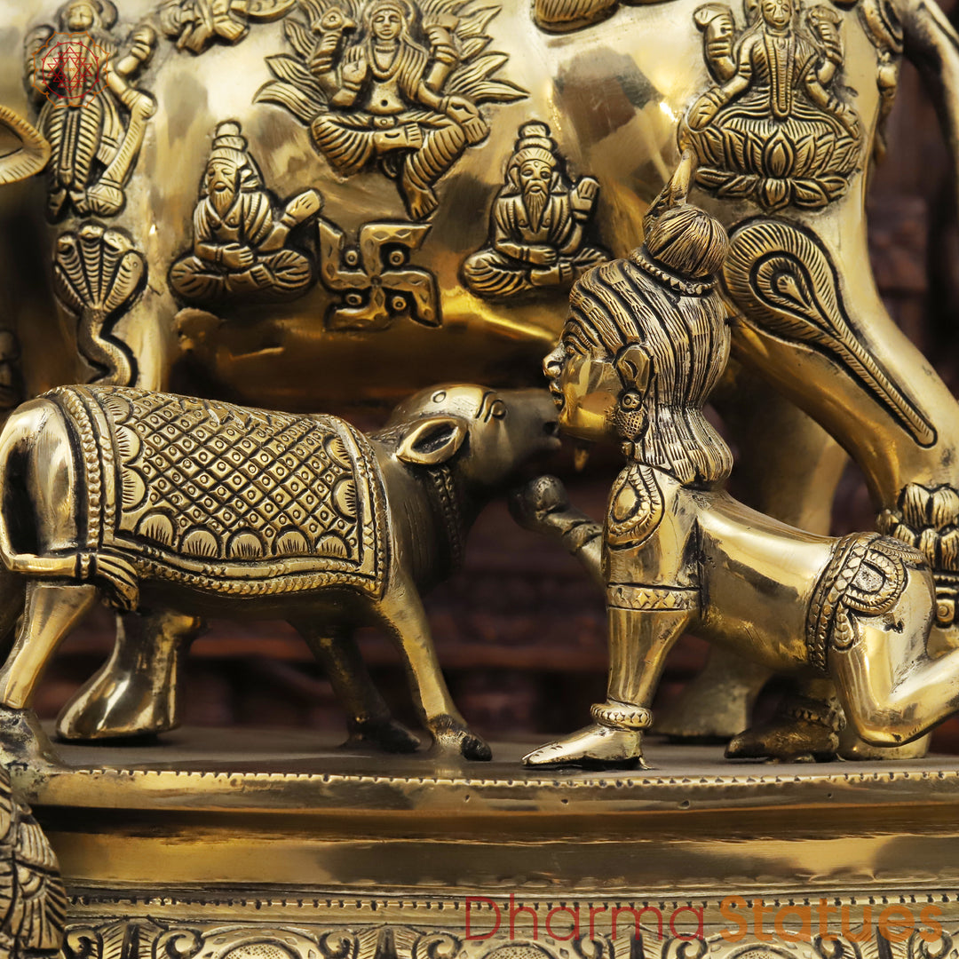 Brass Bal Krishna with Kamdhenu Cow, Blessings of Abundance, Golden Fine Finish, 13"