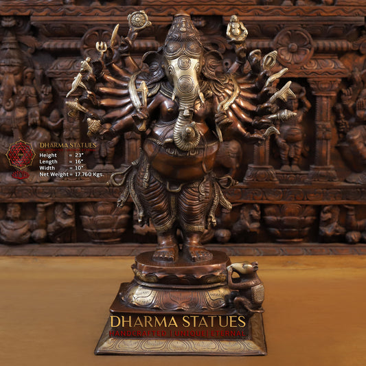 Brass Ganesh with Sixteen Armed, Copper & Golden Finish, 23"