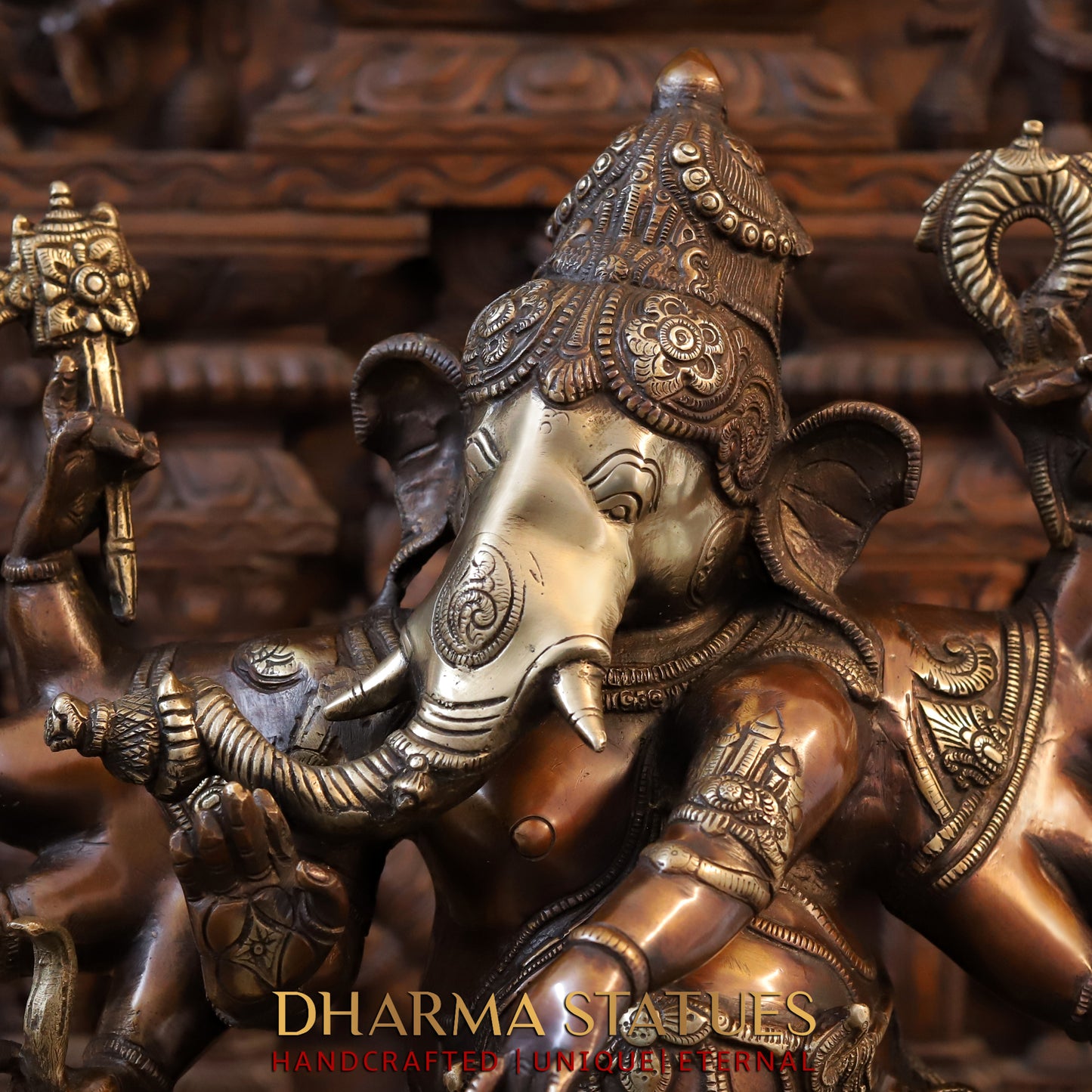 Brass Dancing Ganesh with 10 Arms, Copper & Golden Finish, 25.5"