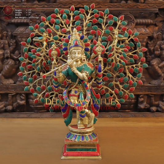 Brass Krishna Playing Flute with Tree, Golden & Stonework, 23"