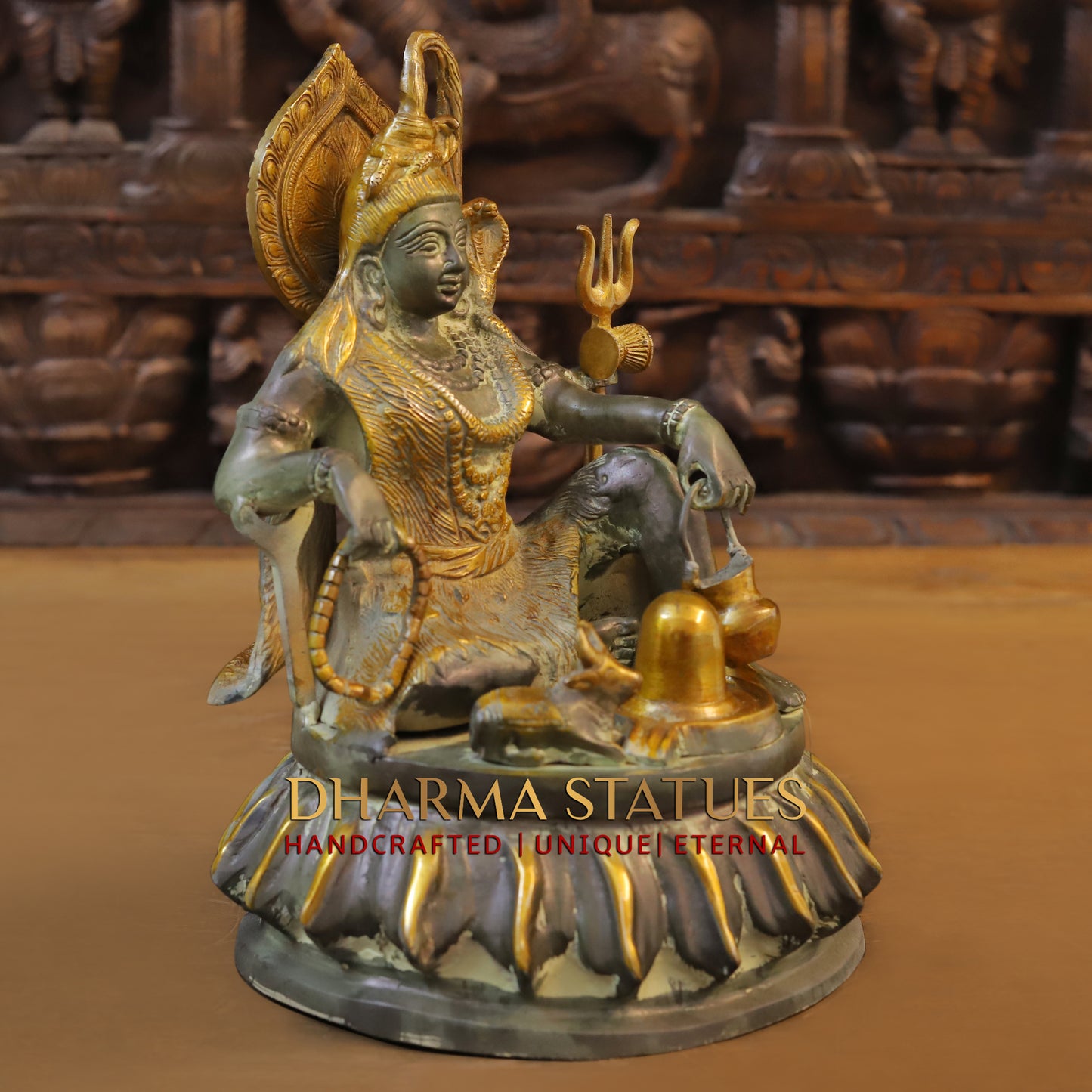Brass Shiva with Shiv-ling, Green patina & Golden Finish, 11.5"