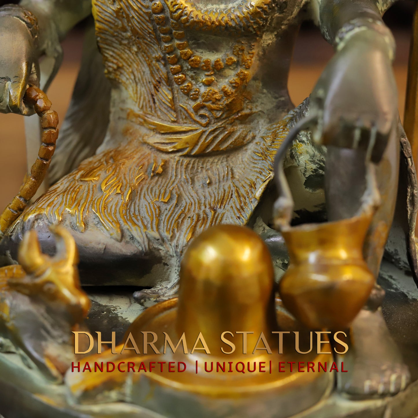 Brass Shiva with Shiv-ling, Green patina & Golden Finish, 11.5"