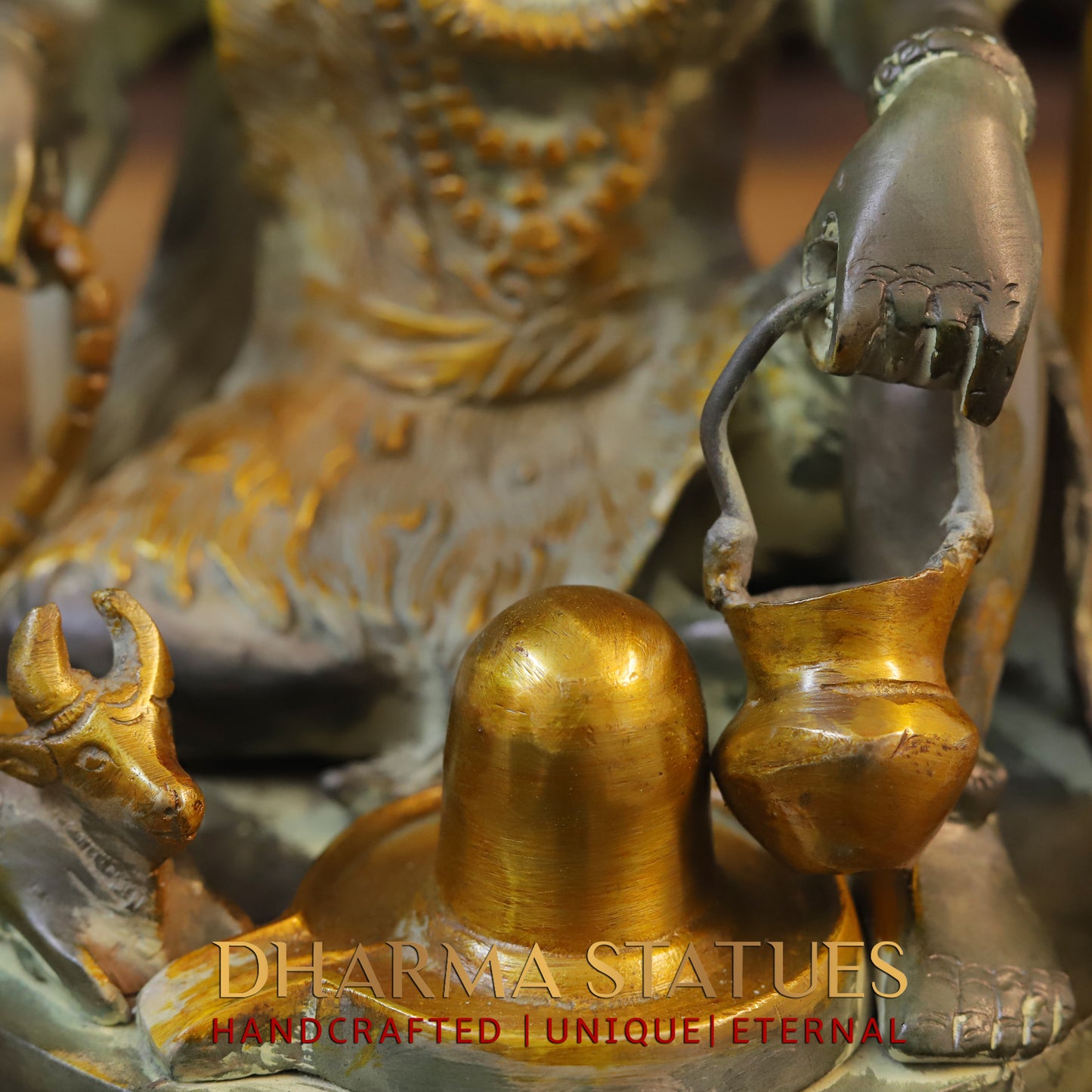 Brass Shiva with Shiv-ling, Green patina & Golden Finish, 11.5"