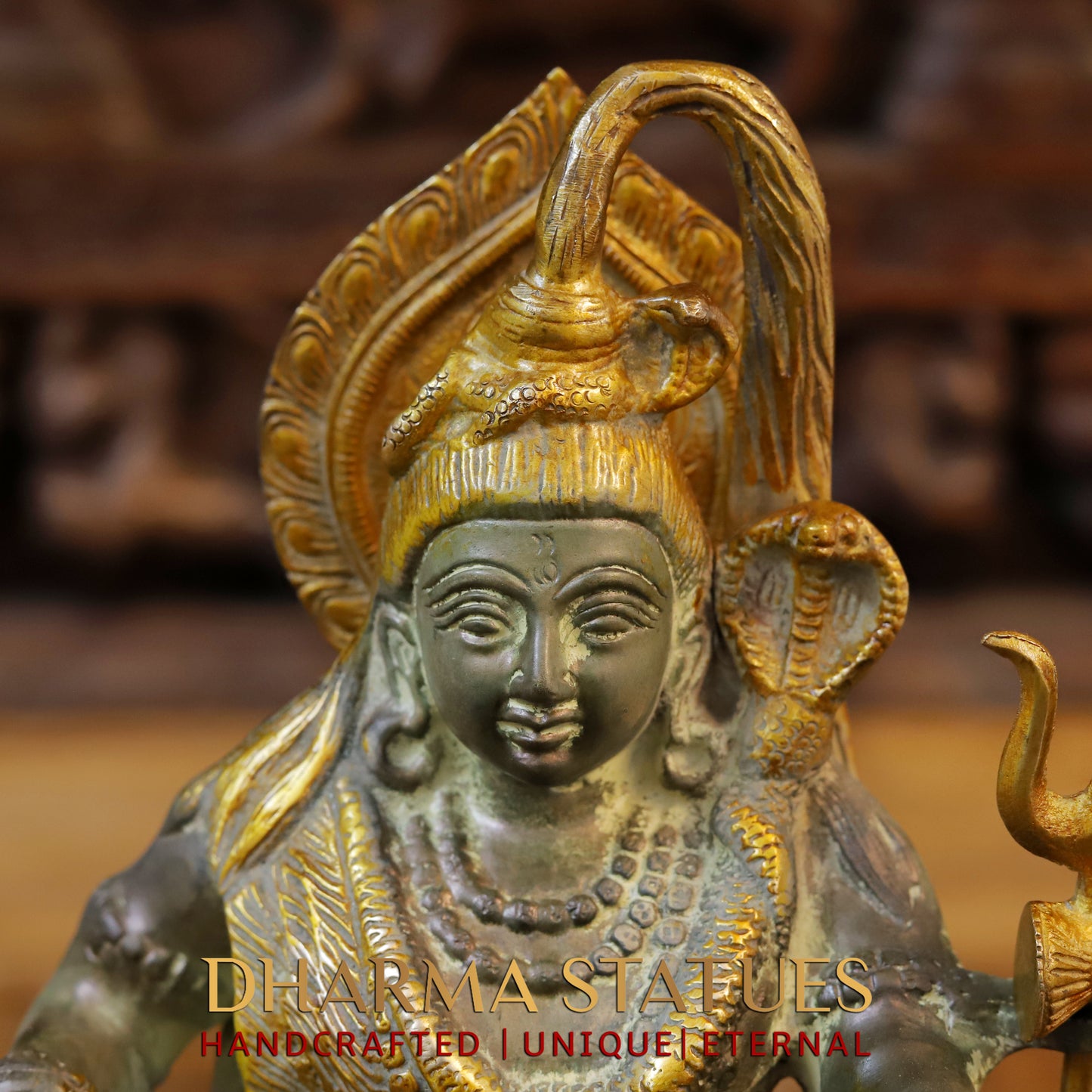 Brass Shiva with Shiv-ling, Green patina & Golden Finish, 11.5"