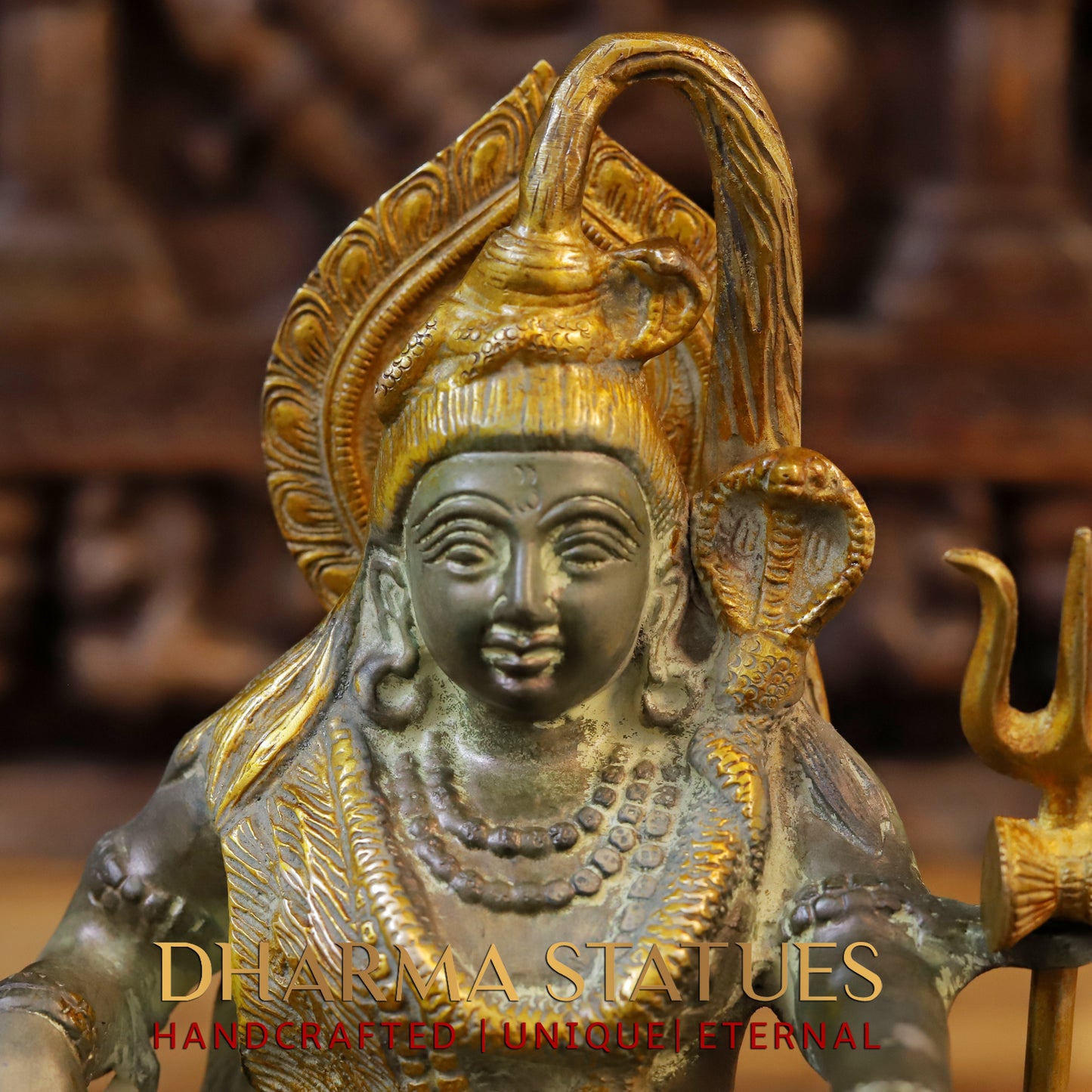 Brass Shiva with Shiv-ling, Green patina & Golden Finish, 11.5"