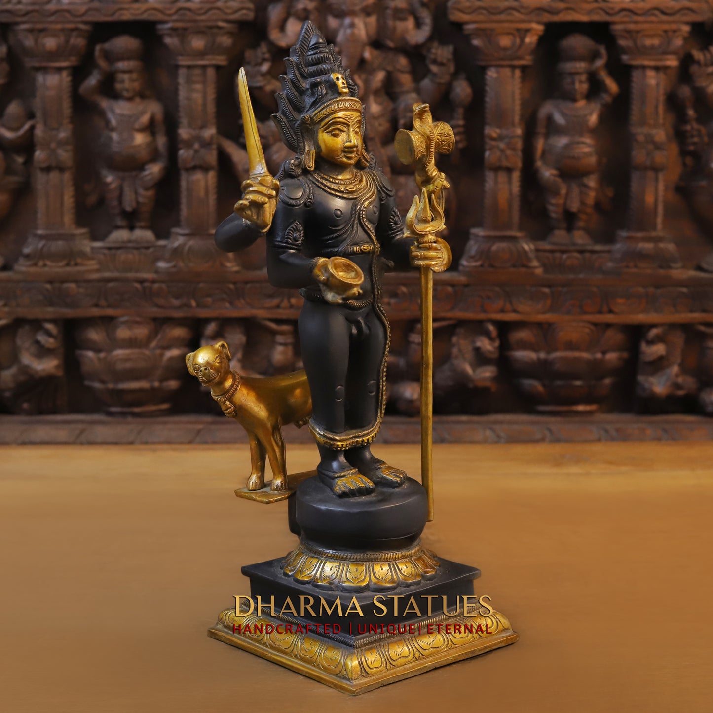 Brass Shiva Standing Four Armed, Black Patina & Golden Finish, 17.5"