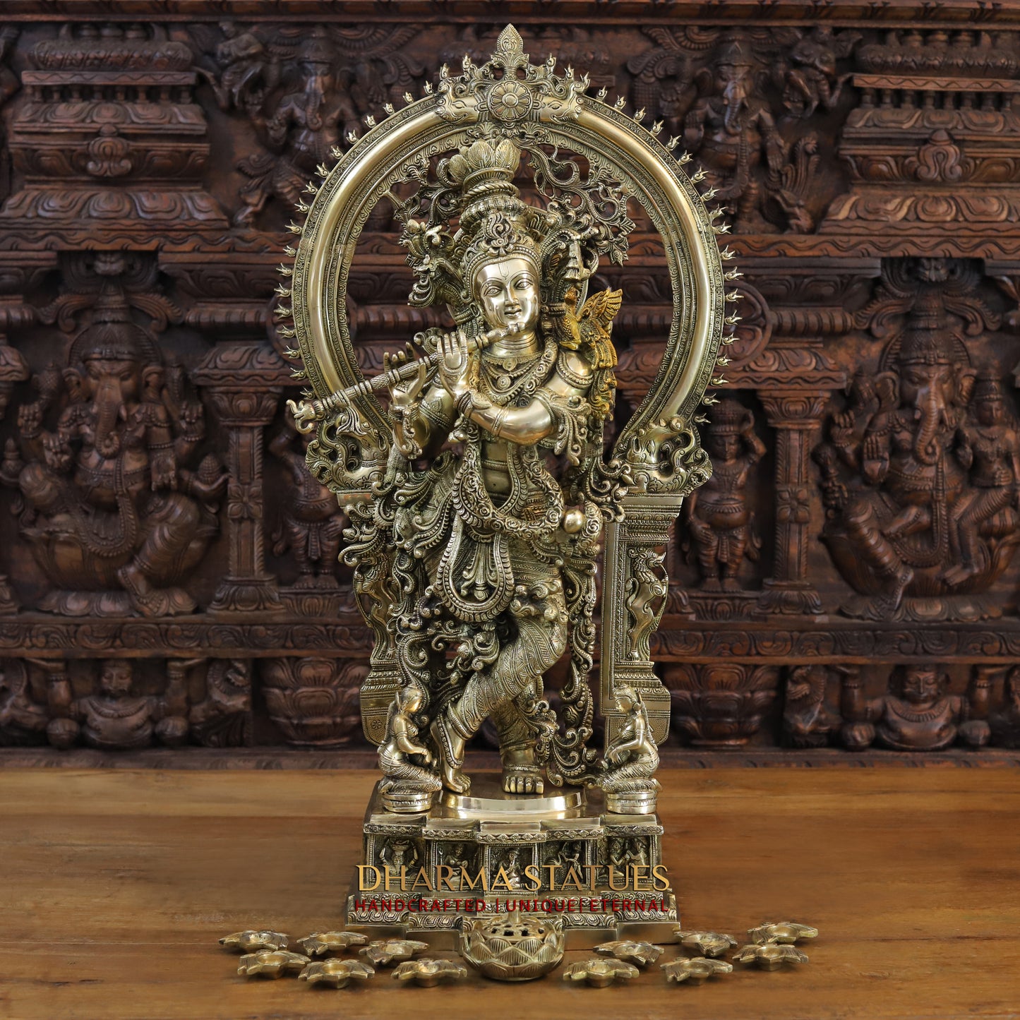 Brass Krishna Idol, Playing Flute, Fine Golden work, Masterpiece 32"