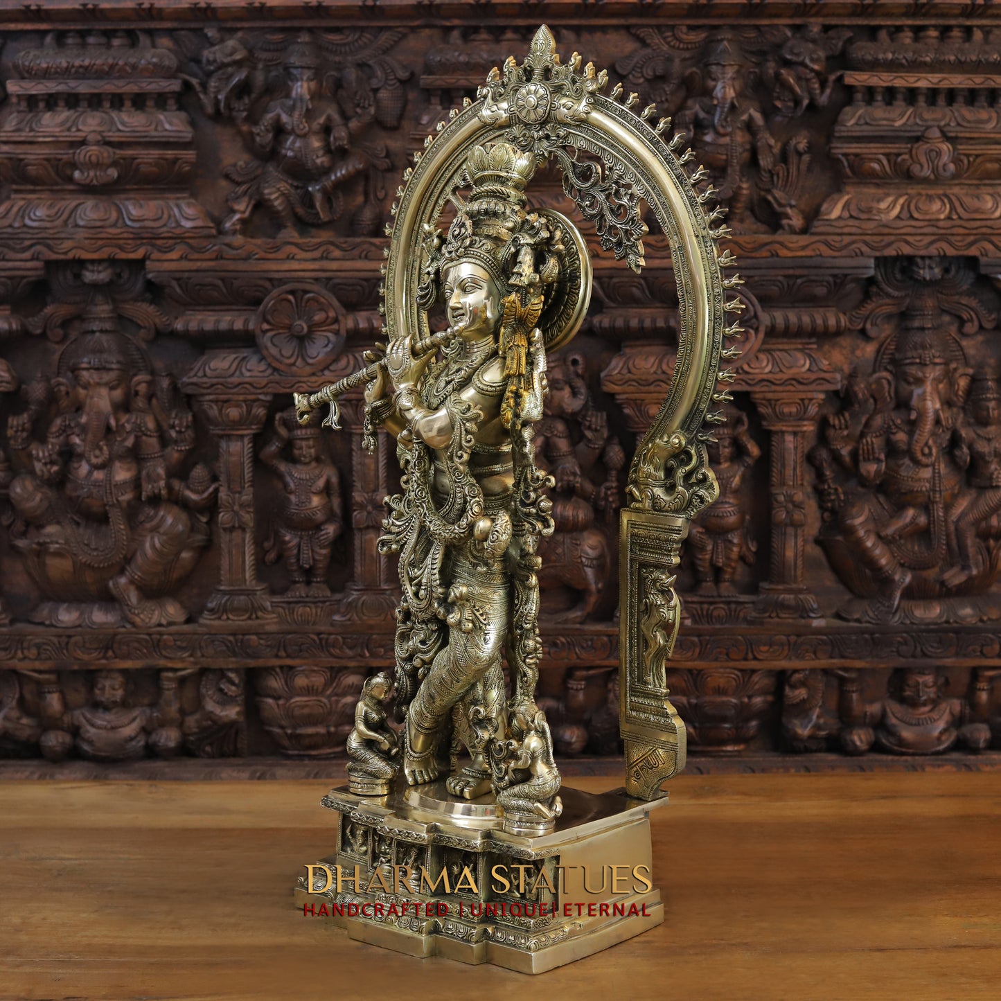 Brass Krishna Idol, Playing Flute, Fine Golden work, Masterpiece 32"