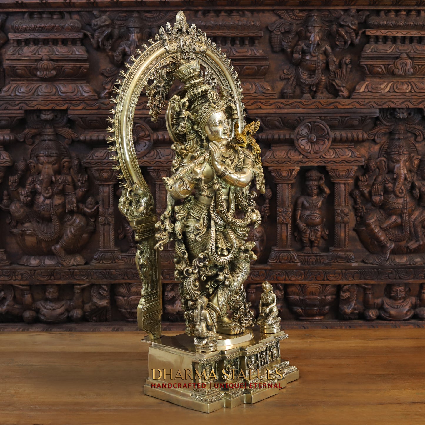 Brass Krishna Idol, Playing Flute, Fine Golden work, Masterpiece 32"