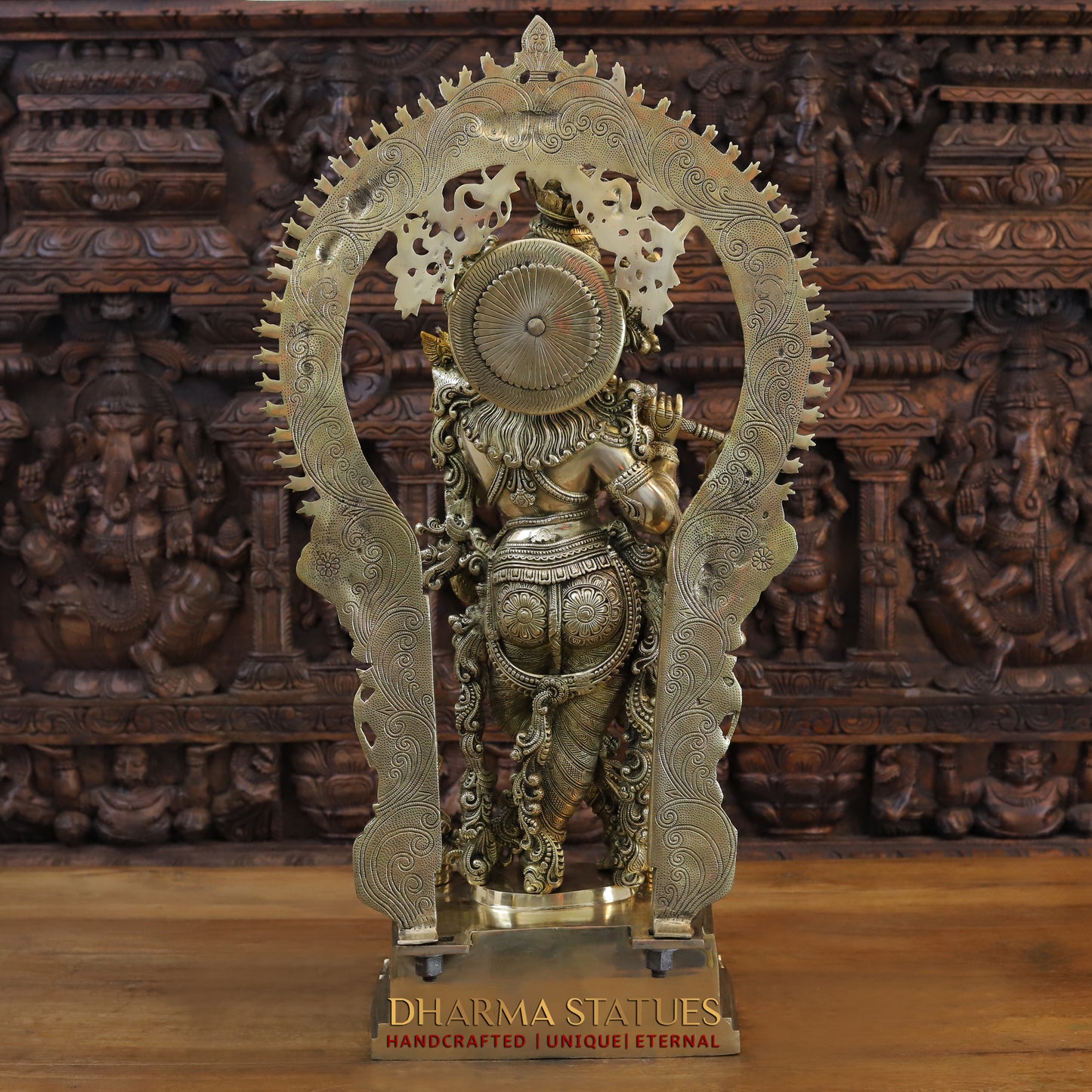 Brass Krishna Idol, Playing Flute, Fine Golden work, Masterpiece 32"