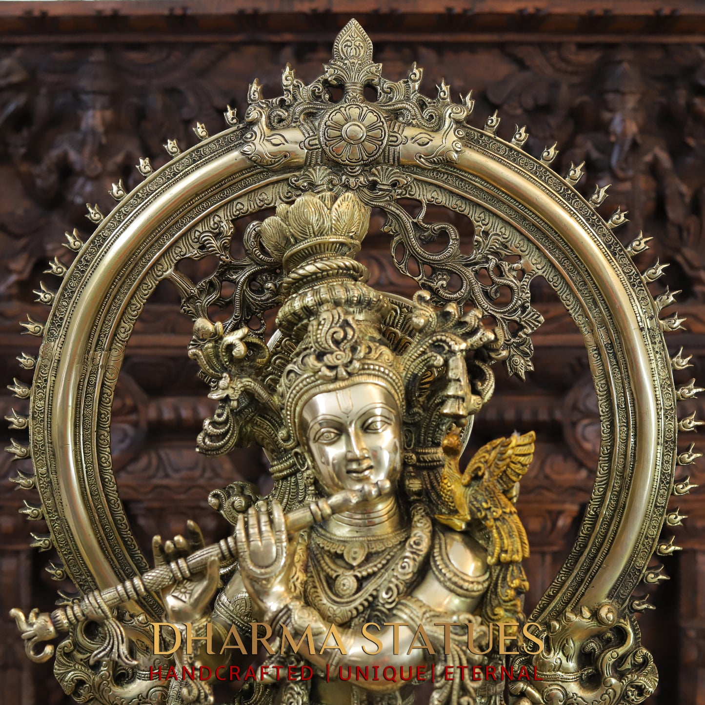 Brass Krishna Idol, Playing Flute, Fine Golden work, Masterpiece 32"