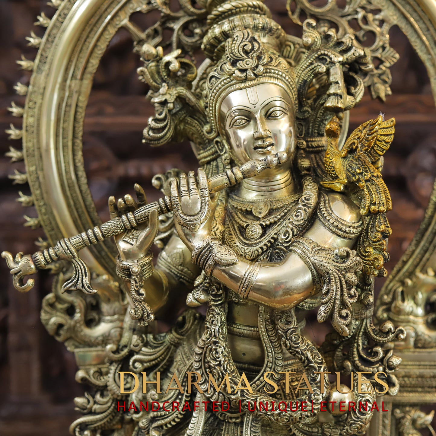 Brass Krishna Idol, Playing Flute, Fine Golden work, Masterpiece 32"