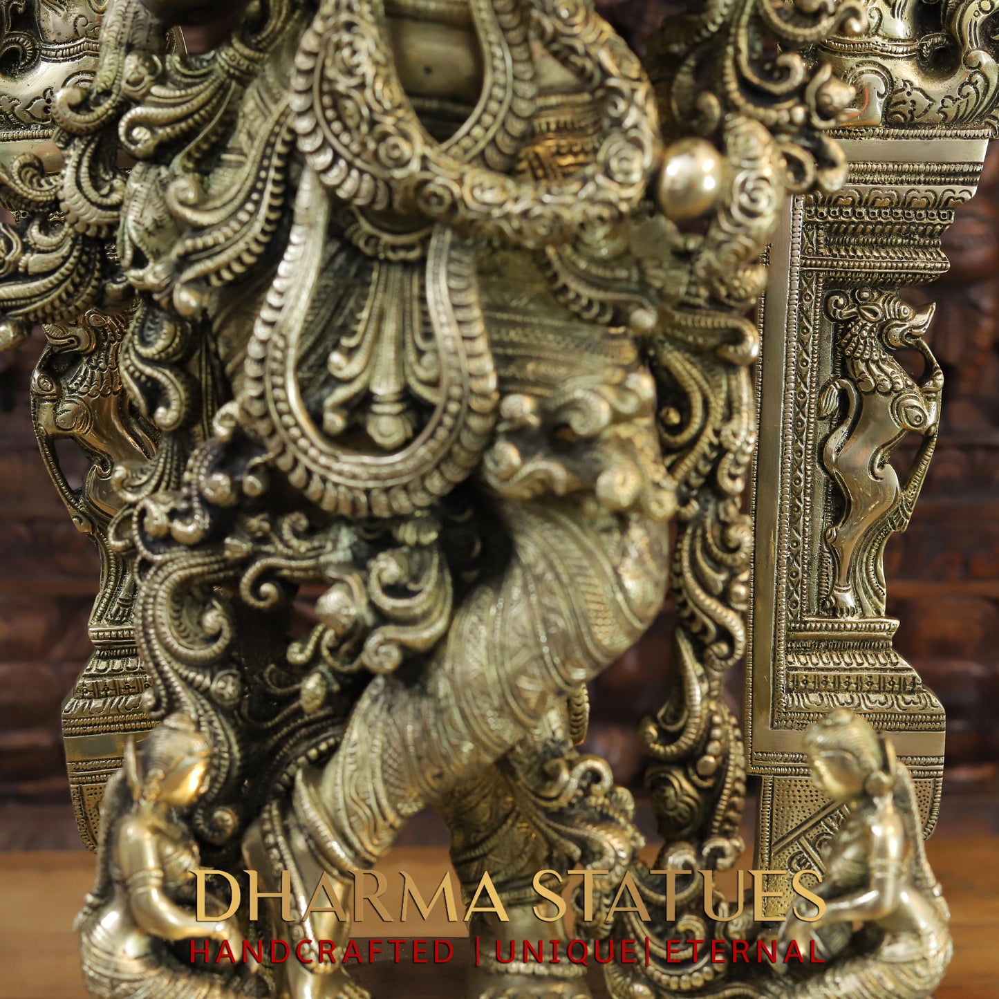 Brass Krishna Idol, Playing Flute, Fine Golden work, Masterpiece 32"