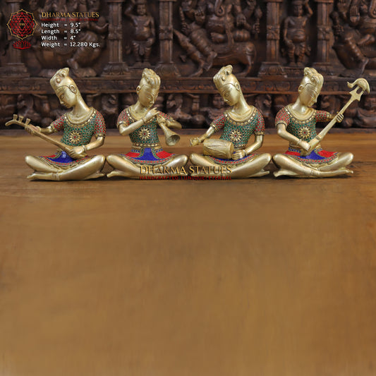 Brass Mystical Musicians of the Mughal Court (Set of 4), Golden & Stonework, 9.5"