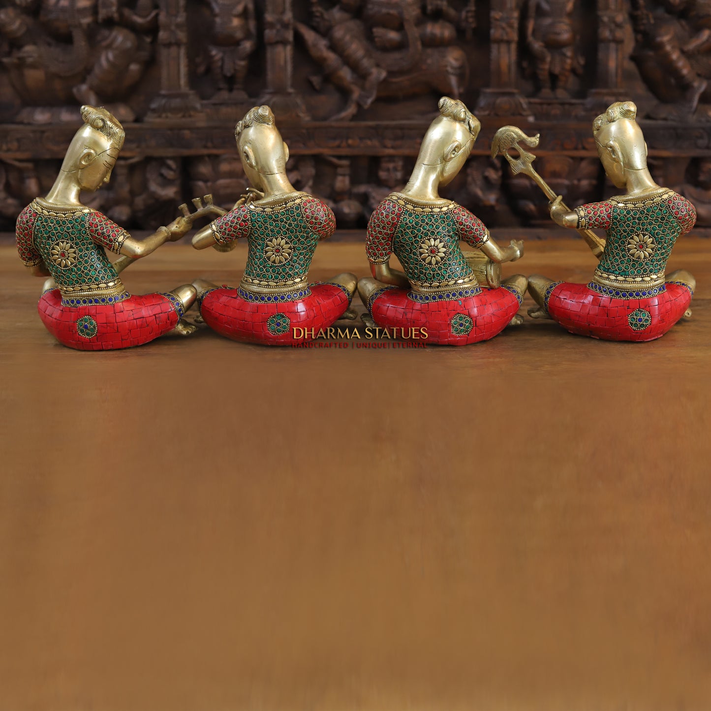 Brass Mystical Musicians of the Mughal Court (Set of 4), Golden & Stonework, 9.5"