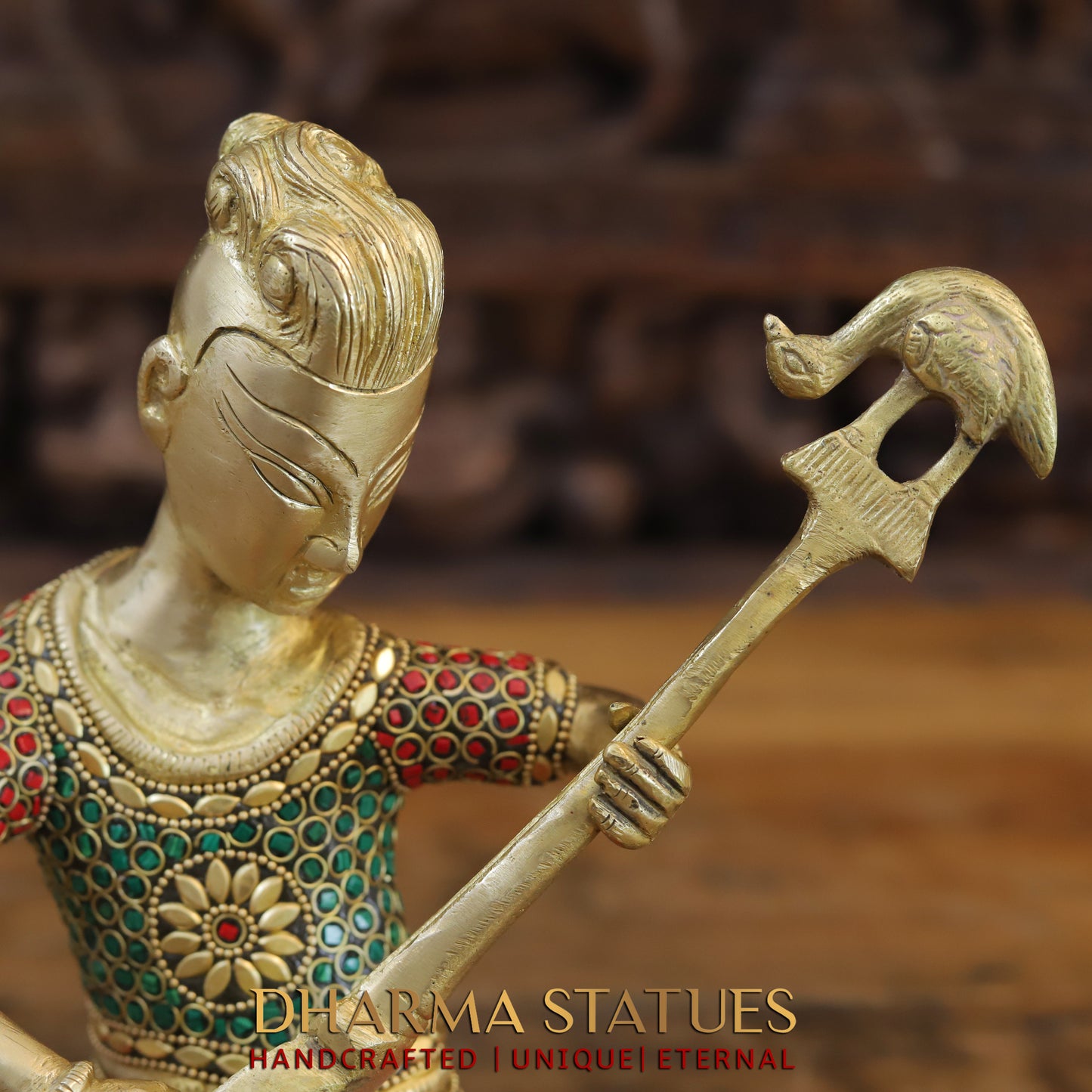 Brass Mystical Musicians of the Mughal Court (Set of 4), Golden & Stonework, 9.5"