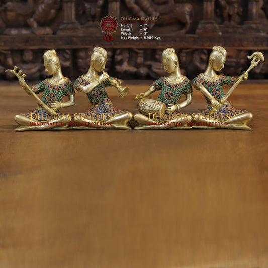 Brass Mystical Musicians of the Mughal Court (Set of 4), Golden & Stonework, 7"
