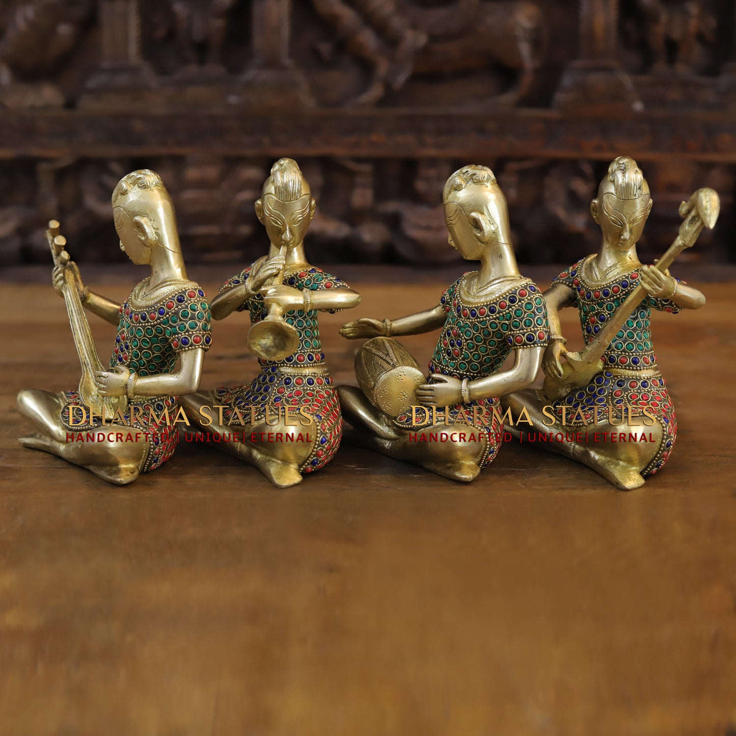 Brass Mystical Musicians of the Mughal Court (Set of 4), Golden & Stonework, 7"