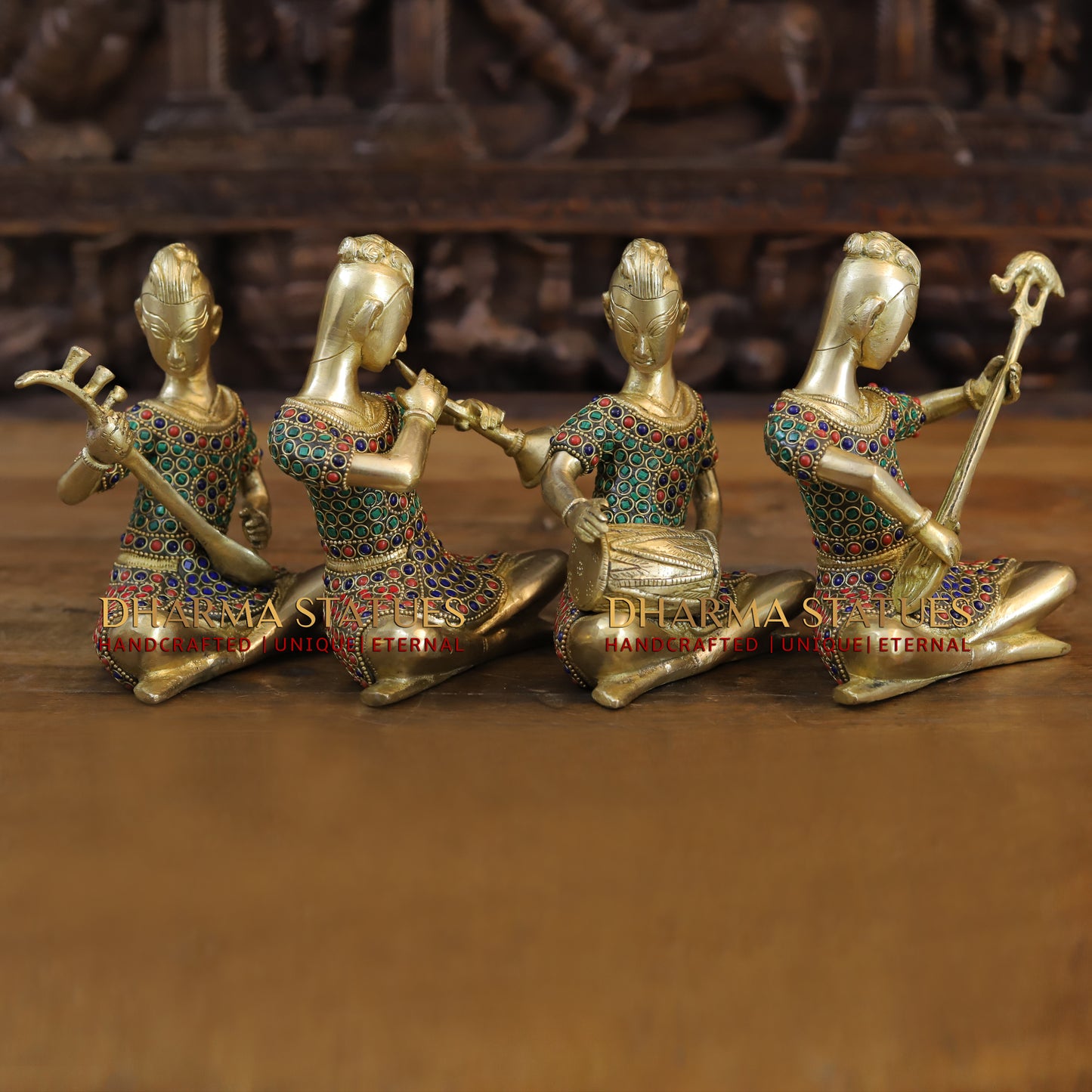 Brass Mystical Musicians of the Mughal Court (Set of 4), Golden & Stonework, 7"