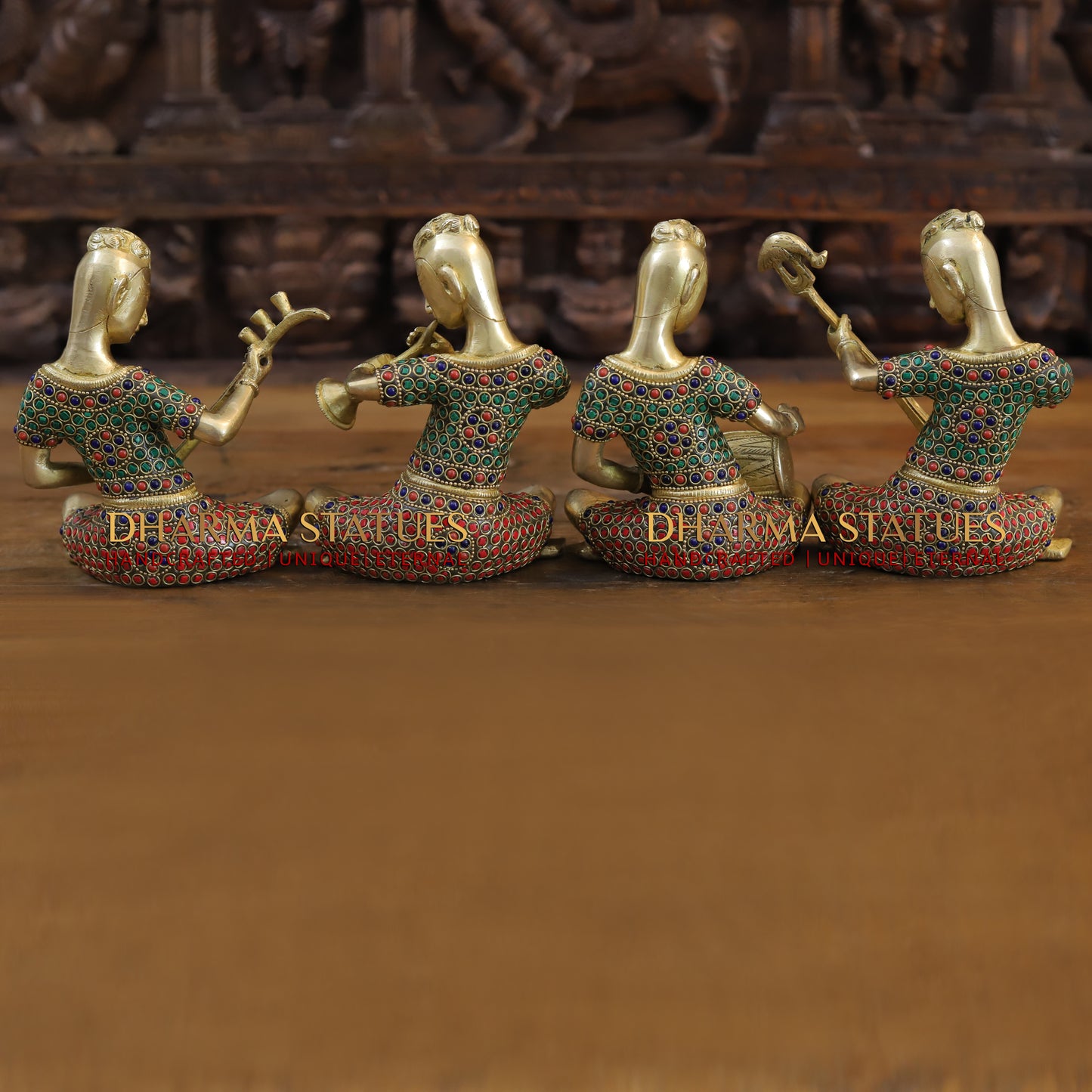 Brass Mystical Musicians of the Mughal Court (Set of 4), Golden & Stonework, 7"