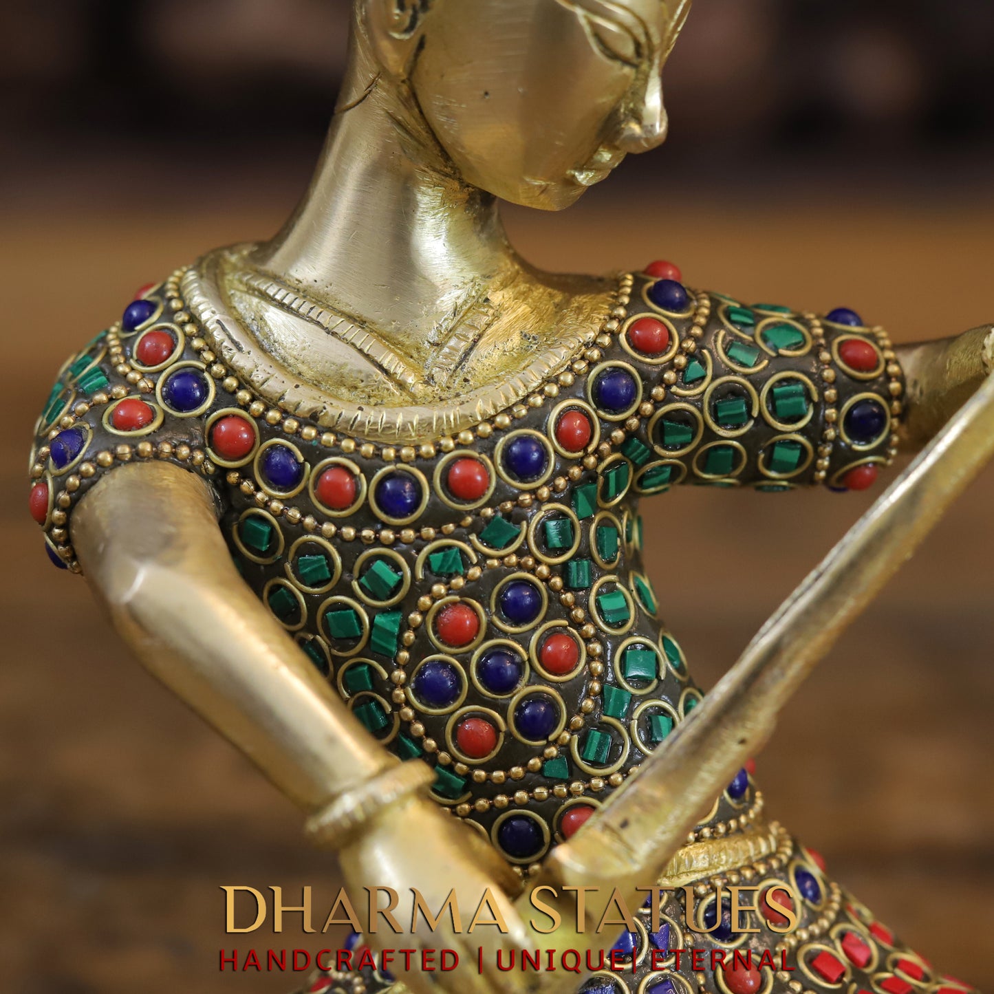Brass Mystical Musicians of the Mughal Court (Set of 4), Golden & Stonework, 7"