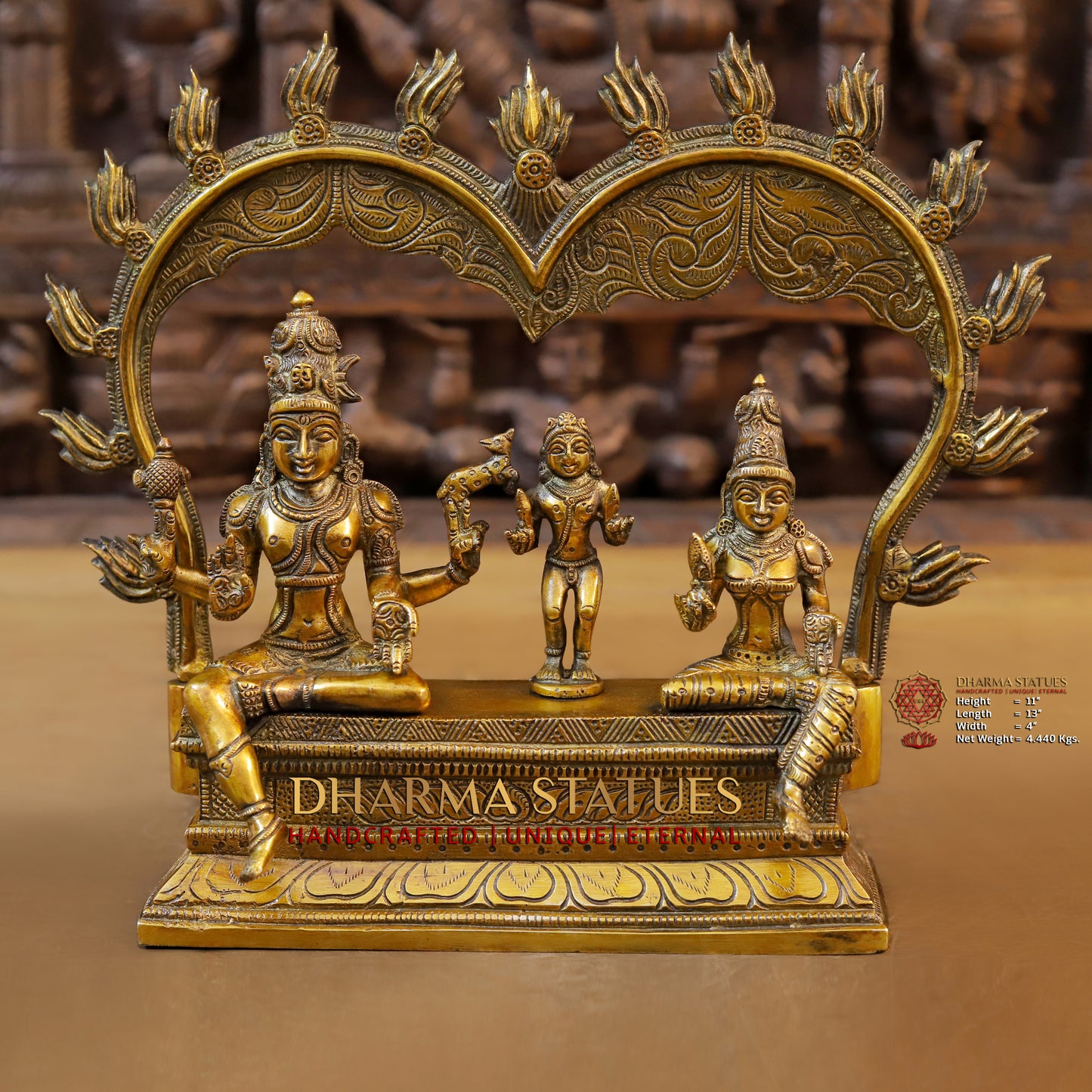 Brass Somaskanda Shiva, Parvati, and Kartikeya, Golden Finish, 11"