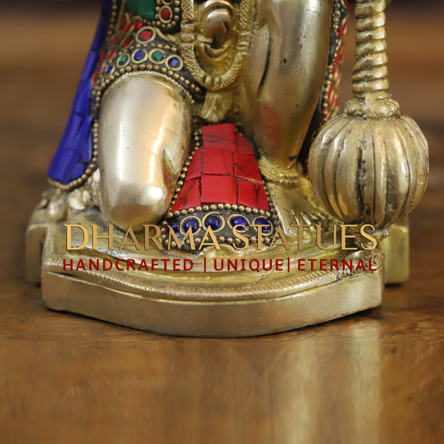 Brass Hanuman Ji seated, Blessing Position, Golden & Stonework, 7.5"