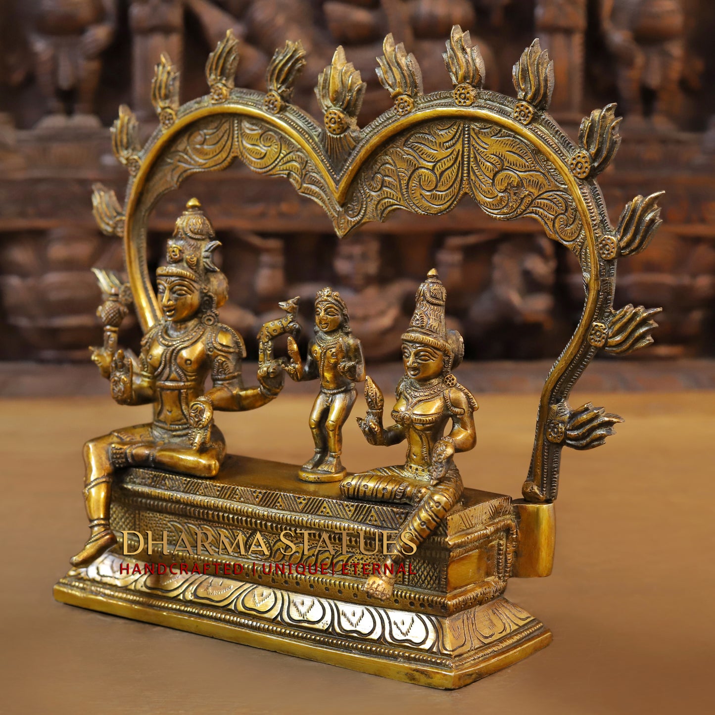 Brass Somaskanda Shiva, Parvati, and Kartikeya, Golden Finish, 11"