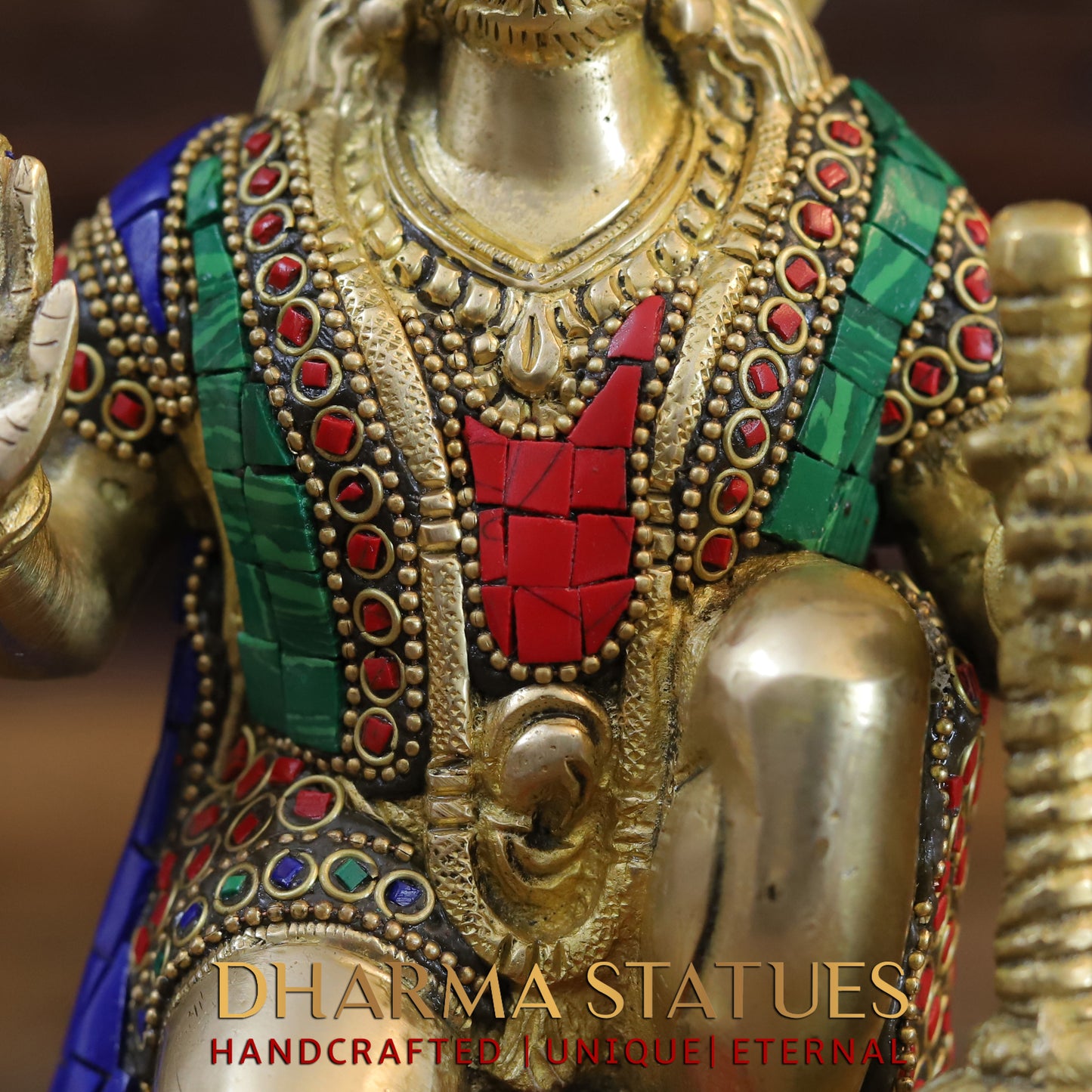 Brass Hanuman Ji seated, Blessing Position, Golden & Stonework, 7.5"