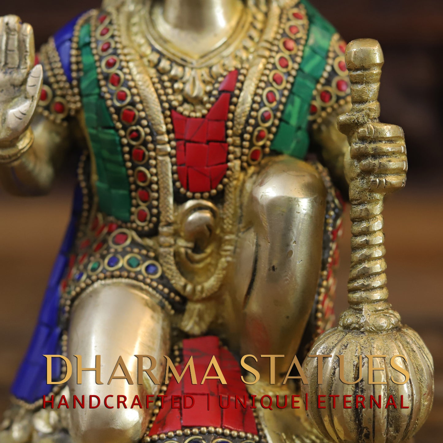 Brass Hanuman Ji seated, Blessing Position, Golden & Stonework, 7.5"