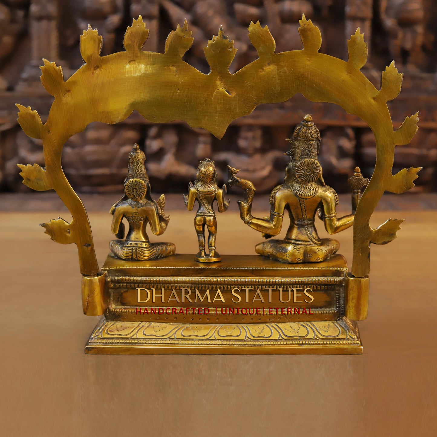 Brass Somaskanda Shiva, Parvati, and Kartikeya, Golden Finish, 11"