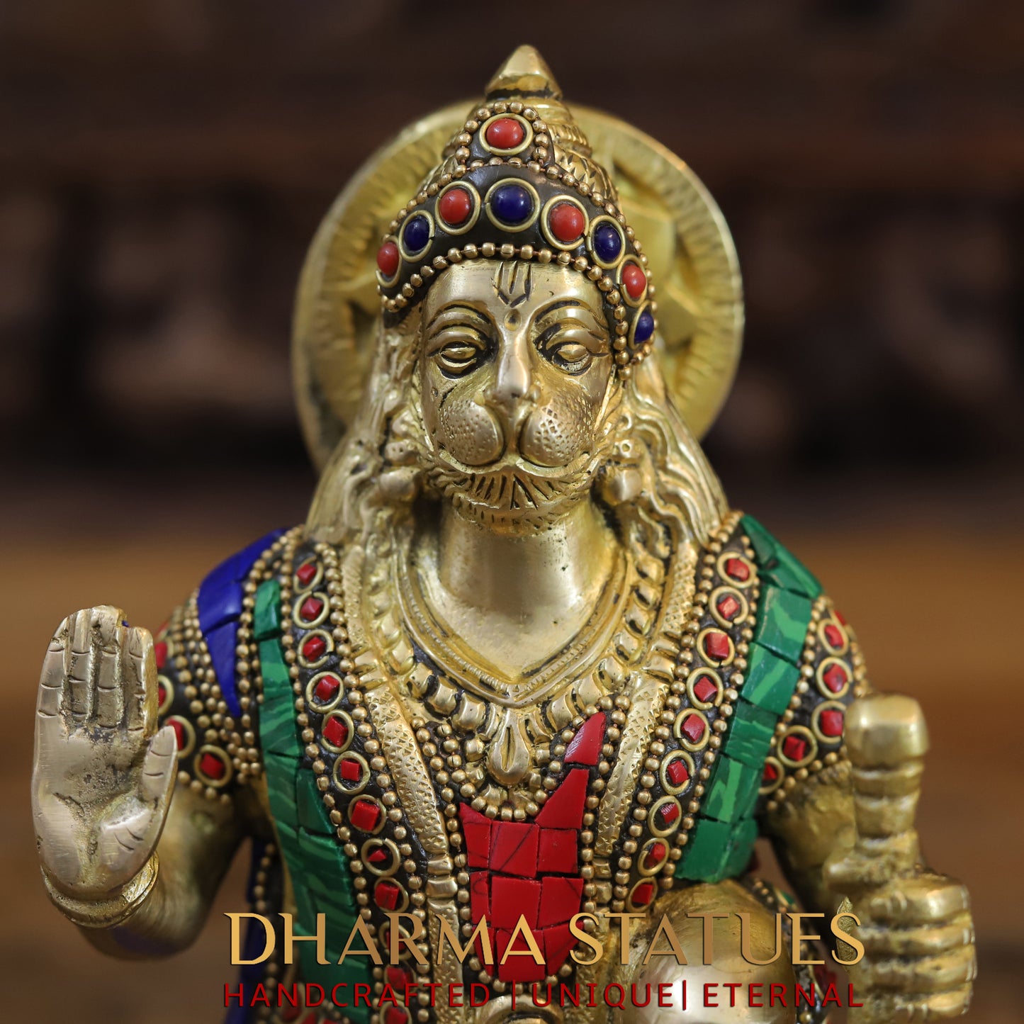 Brass Hanuman Ji seated, Blessing Position, Golden & Stonework, 7.5"
