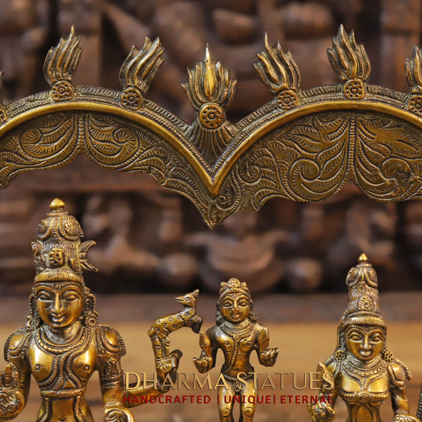 Brass Somaskanda Shiva, Parvati, and Kartikeya, Golden Finish, 11"