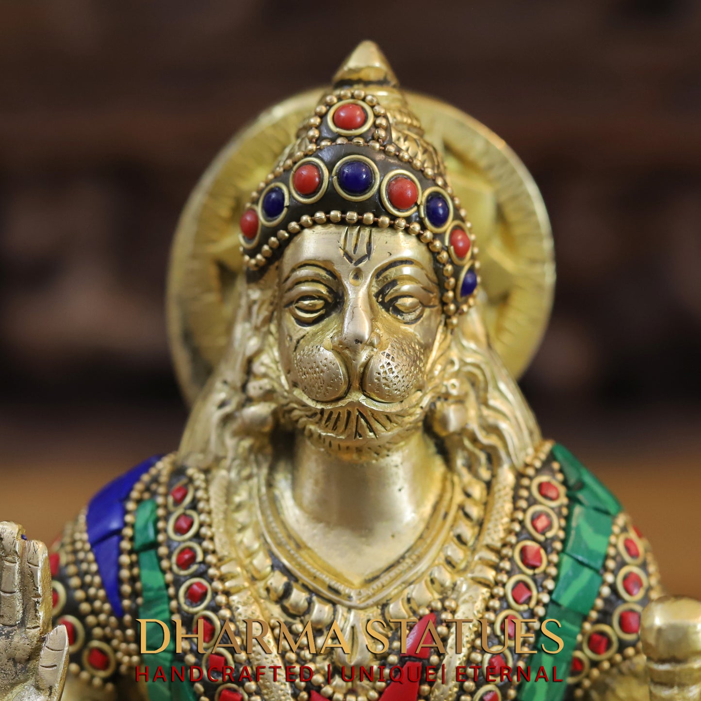 Brass Hanuman Ji seated, Blessing Position, Golden & Stonework, 7.5"