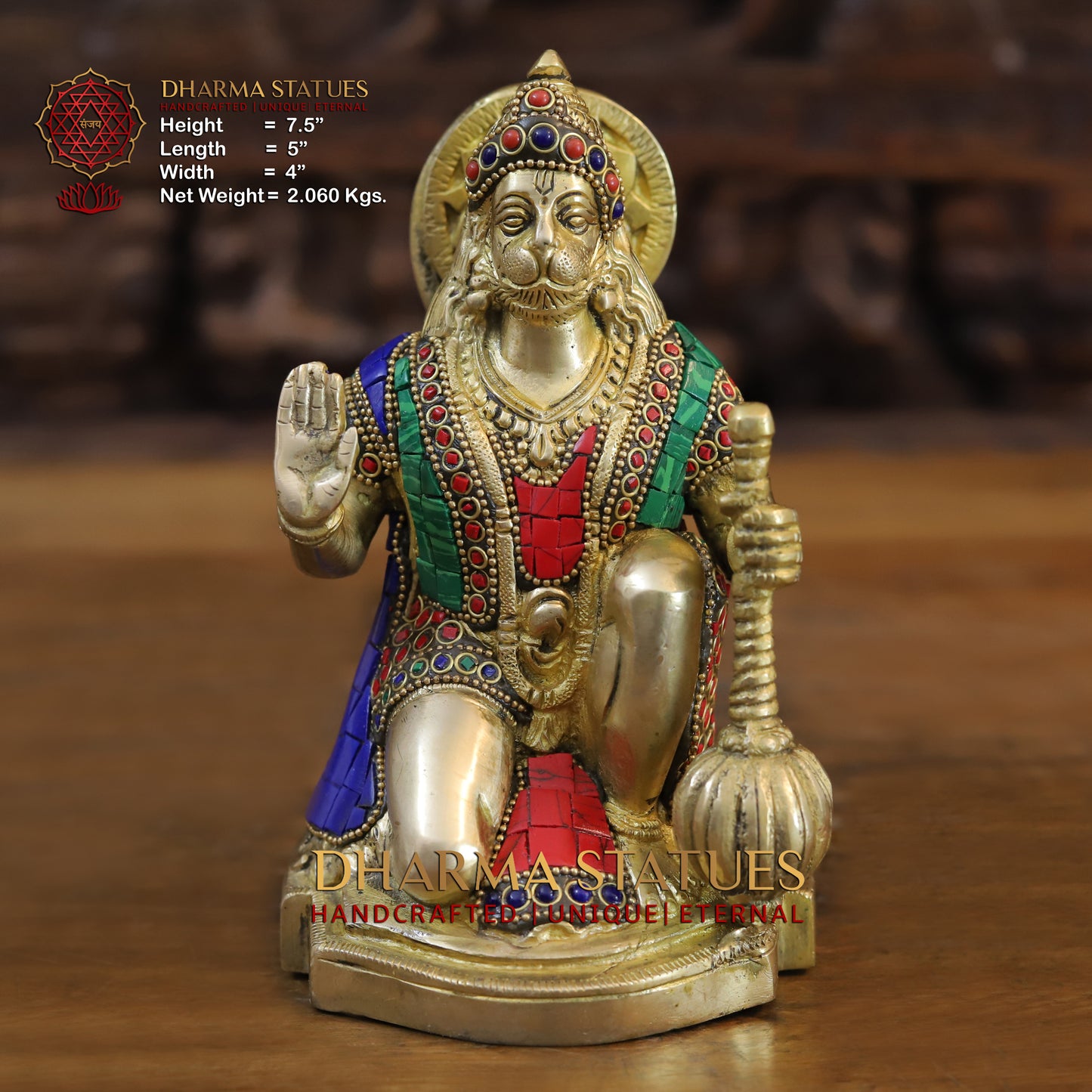 Brass Hanuman Ji seated, Blessing Position, Golden & Stonework, 7.5"