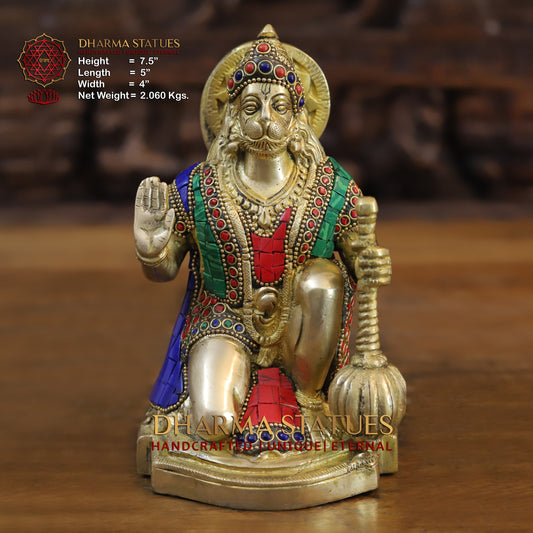 Brass Hanuman Ji seated, Blessing Position, Golden & Stonework, 7.5"