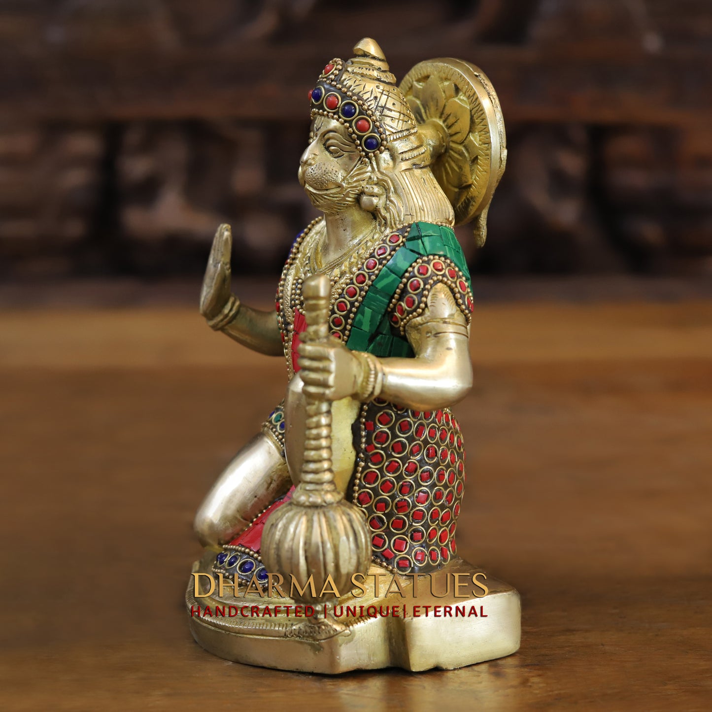 Brass Hanuman Ji seated, Blessing Position, Golden & Stonework, 7.5"