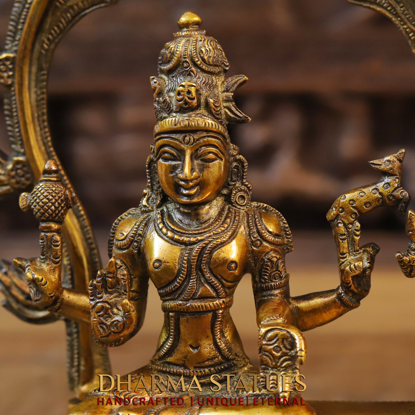 Brass Somaskanda Shiva, Parvati, and Kartikeya, Golden Finish, 11"