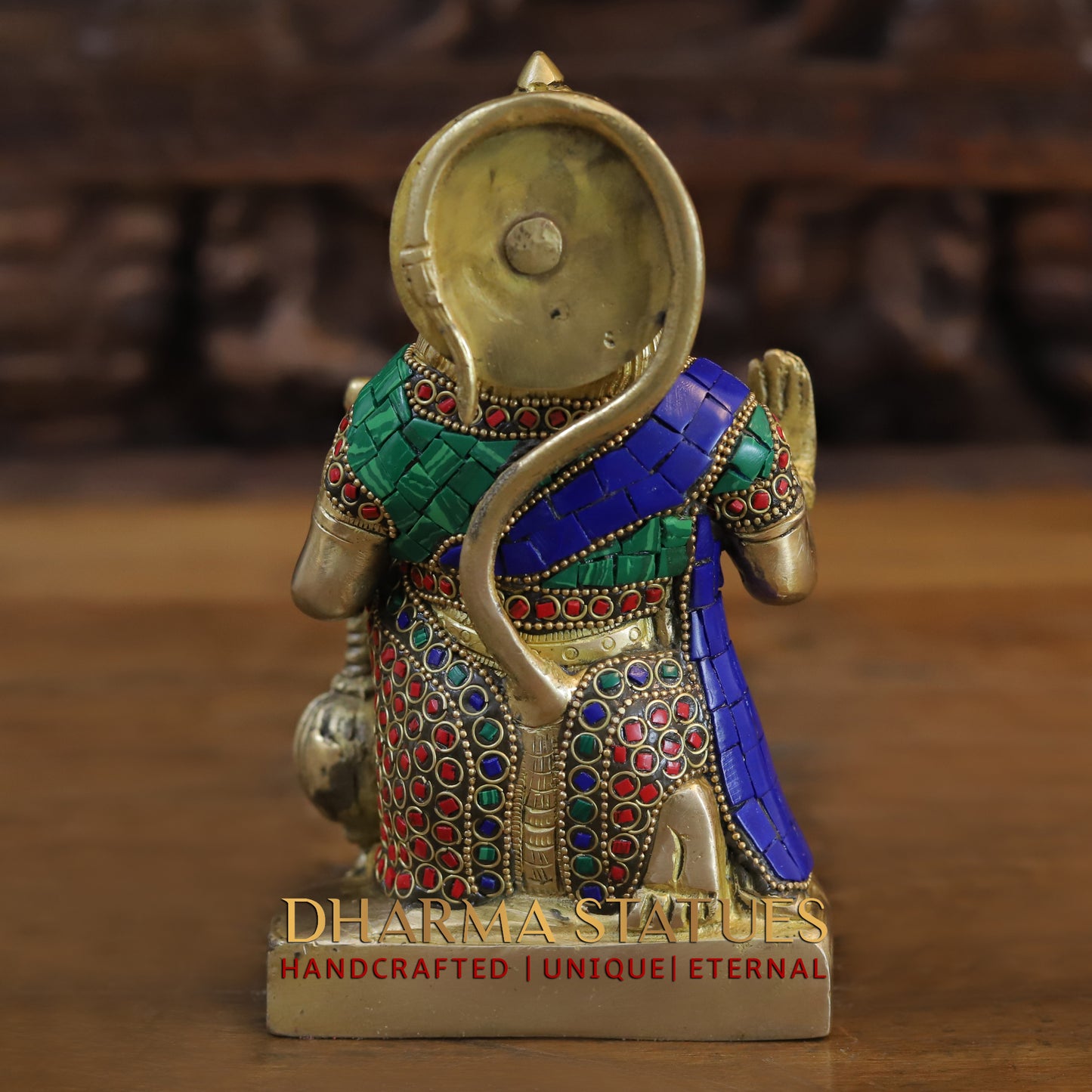 Brass Hanuman Ji seated, Blessing Position, Golden & Stonework, 7.5"