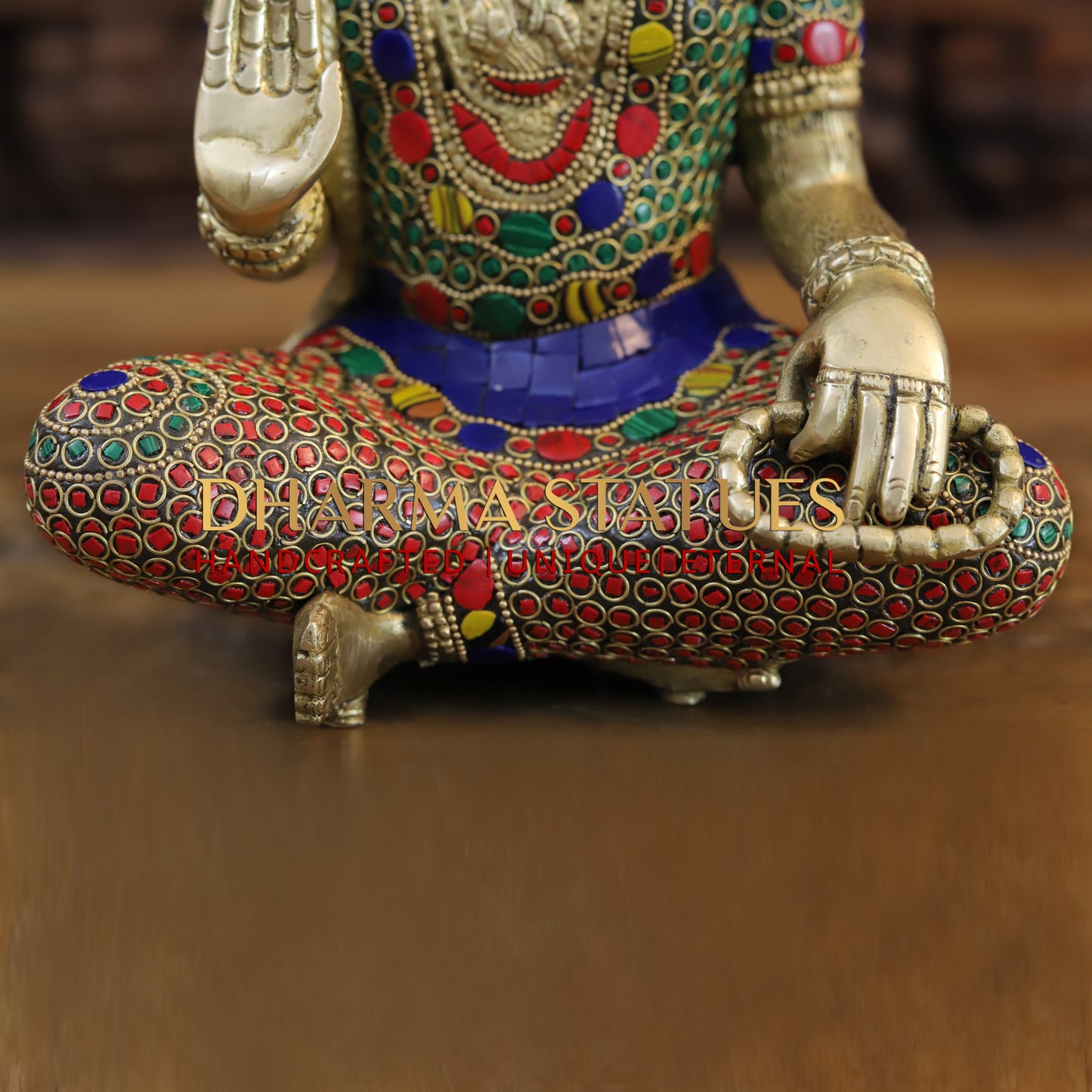 Brass Hanuman Ji seated, Blessing Position, Golden & Stonework, 11.5"