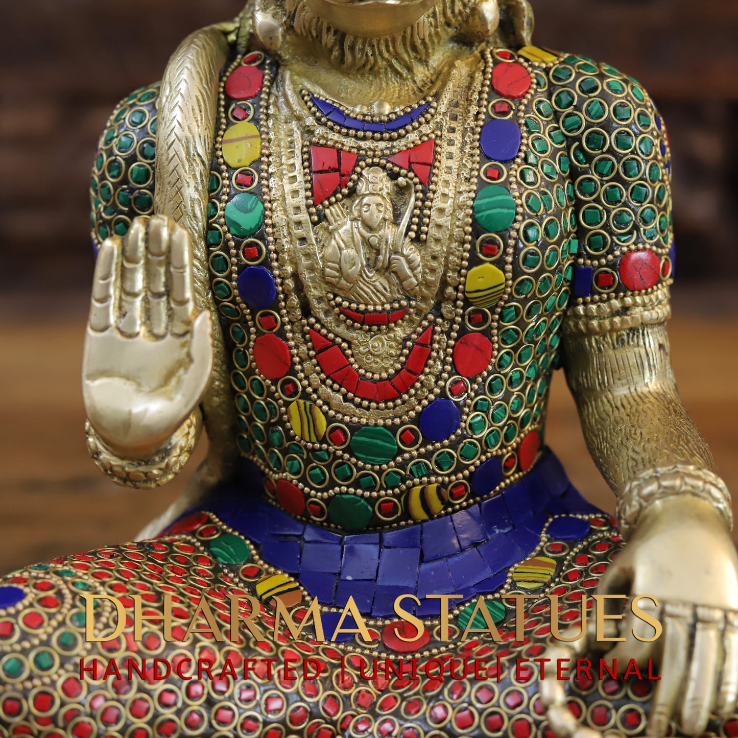 Brass Hanuman Ji seated, Blessing Position, Golden & Stonework, 11.5"