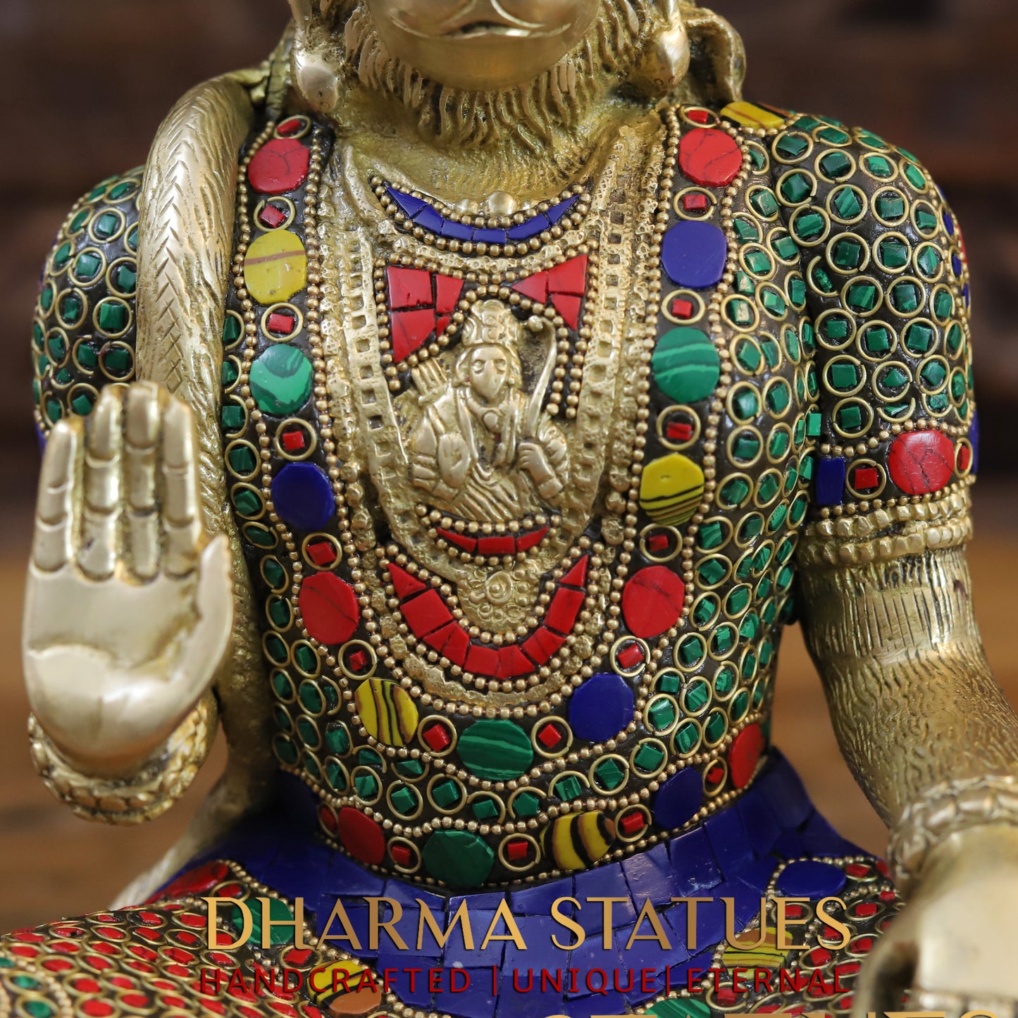 Brass Hanuman Ji seated, Blessing Position, Golden & Stonework, 11.5"