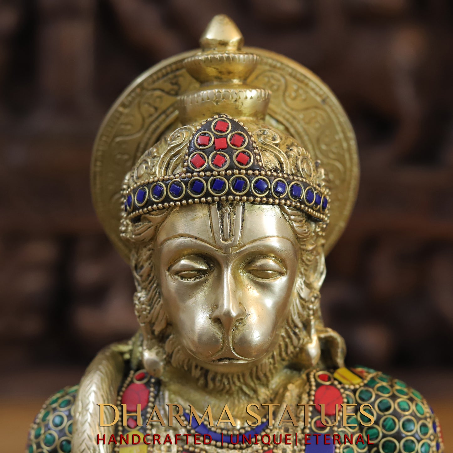 Brass Hanuman Ji seated, Blessing Position, Golden & Stonework, 11.5"
