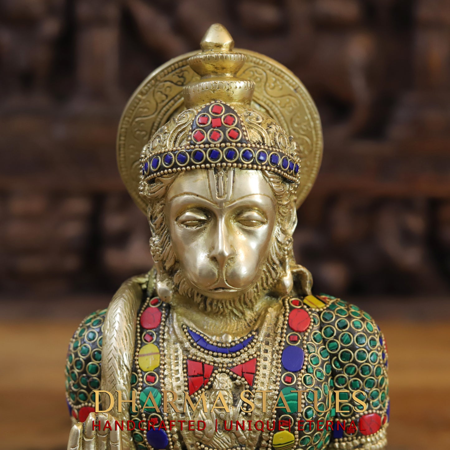 Brass Hanuman Ji seated, Blessing Position, Golden & Stonework, 11.5"